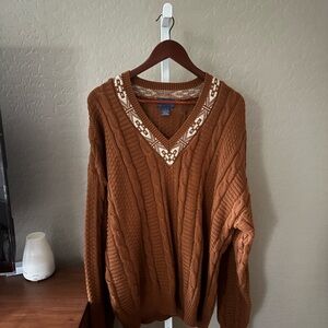 Vintage 100% oversized cotton cottage core BROWN V neck pullover sweater | L
